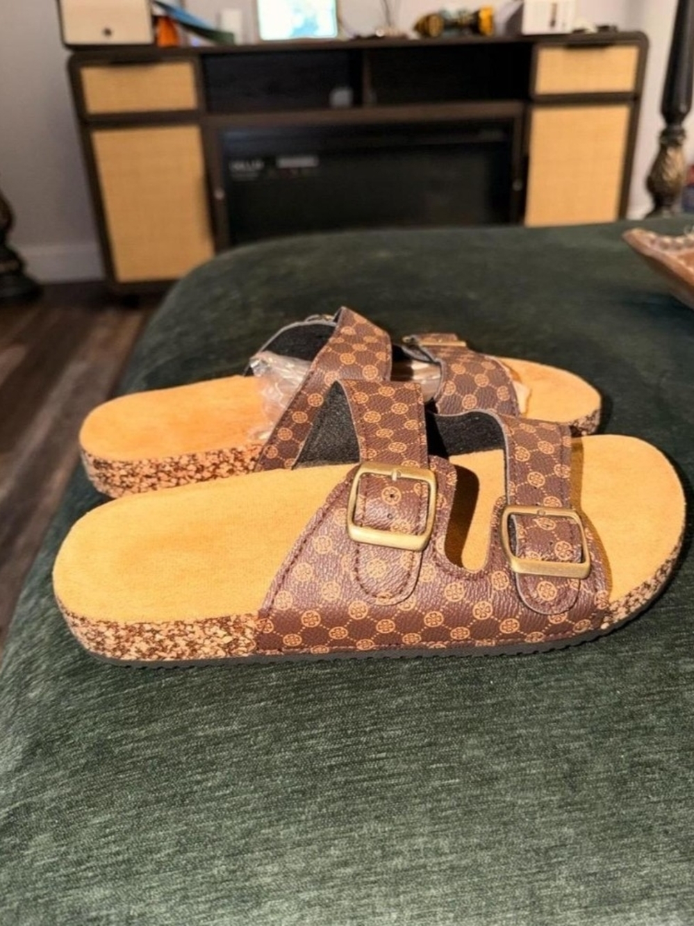 Brown Patterned Double-Buckle Slide Sandals - Women 8